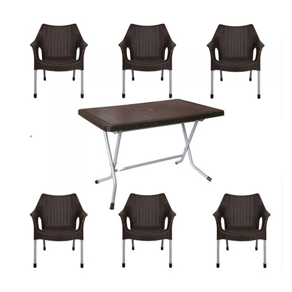 ست میز و صندلی ۶ نفره پلاستیکی مدل حصیری ناصر 991-521